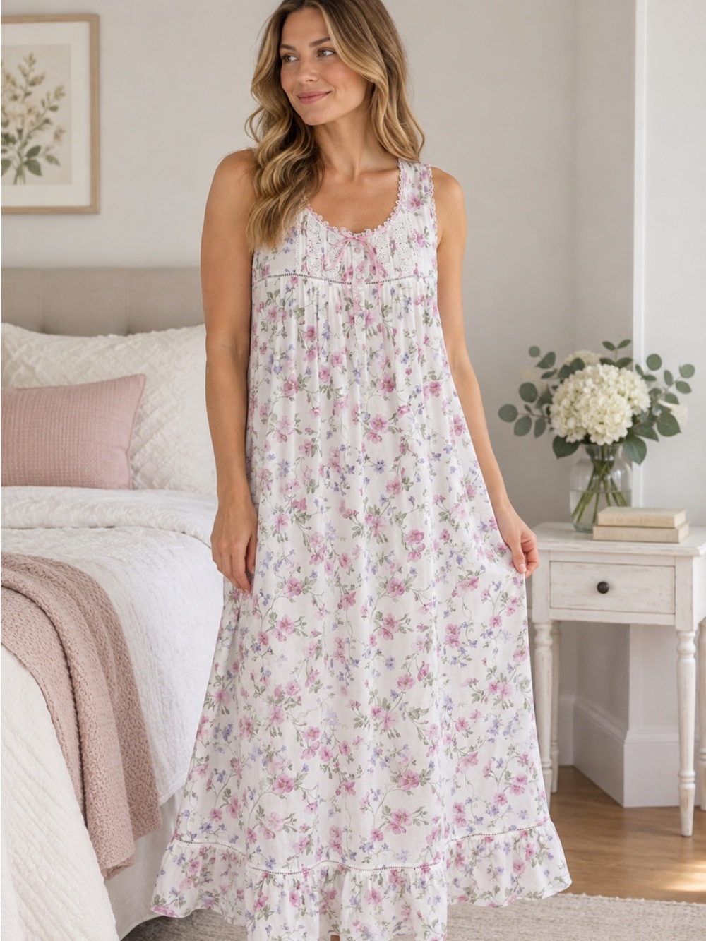 Eileen West 100% Cotton Floral Lace Nightgown Size Medium Cottagecore